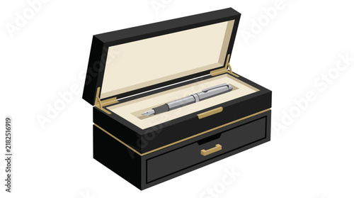 Bild auf Leinwand Luxury Black Two Level Executive Gift Box with Silver Fountain Pen Lower Drawer