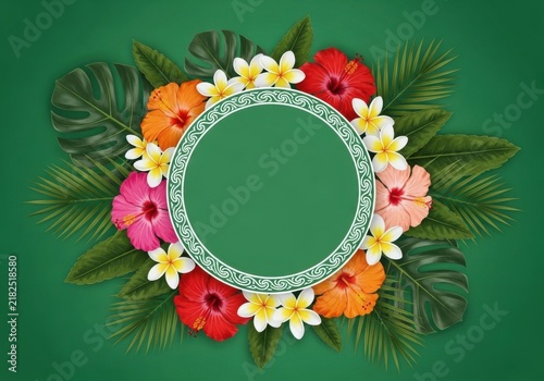 Colorful Floral Frame With Green Center And Tropical Leaves Isolated On White Background