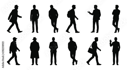 Foto Set of business man silhouettes walking, standing, gesturing, and leaning in var
