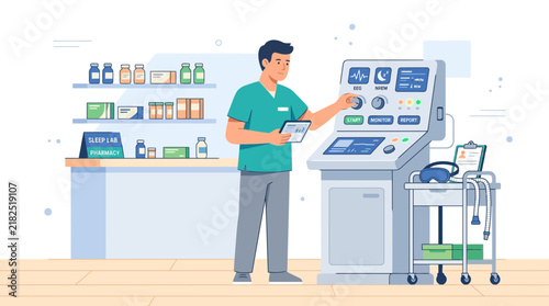 Healthcare worker with medical equipment and tablet, illustration