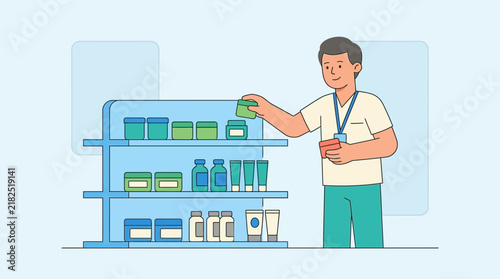 Man stocking shelves with cosmetic products, pharmacy or drugstore concept
