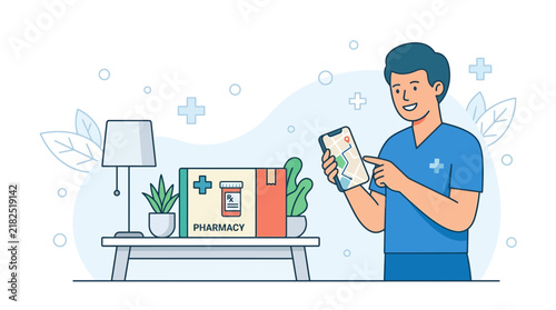 Man Using Pharmacy App for Medication Delivery Service