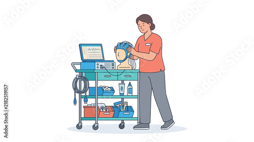 Medical Professional Applying EEG Cap to Patient Head Model on Cart