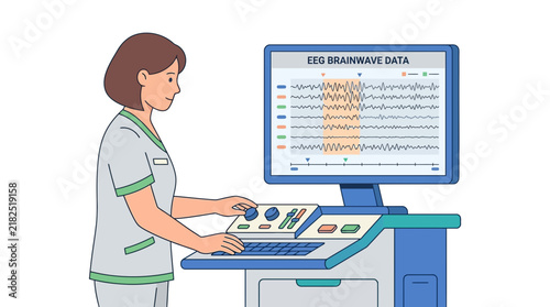 Medical professional analyzes EEG brainwave data on computer screen