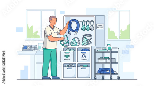 Medical professional organizing respiratory equipment in a clean room