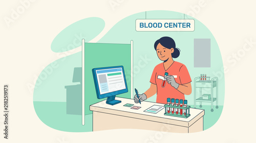 Medical Professional Working at Blood Center Counter with Computer and Samples