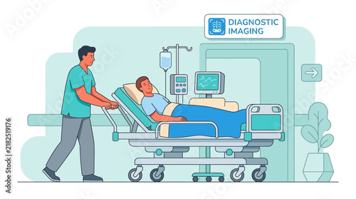 Medical scan, patient on gurney, nurse in hospital, diagnostic imaging