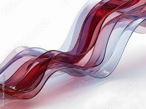 Abstract flowing liquid glass ribbons with red and blue gradient colors, elegant 3d render design for modern background