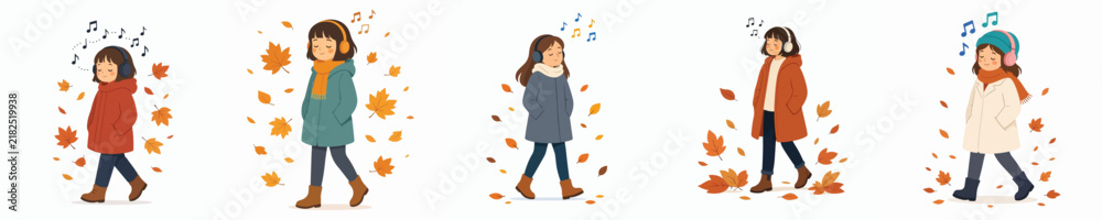 Fototapeta premium Flat vector illustration of a little girl taking a leisurely walk while listening to music on headphones during autumn