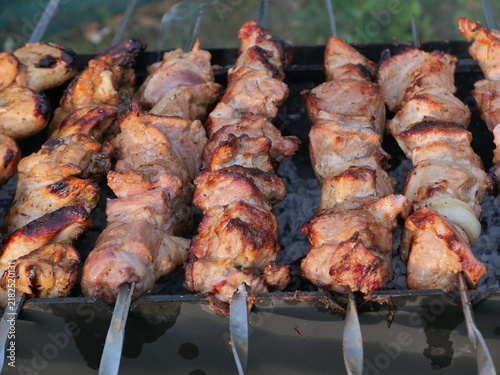 Konstfotografi shish kebab on the grill, Juicy pork shish kebab cooking on skewers over hot coa
