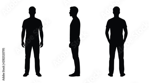 Fotografie Set of black silhouettes of a young man in casual clothes