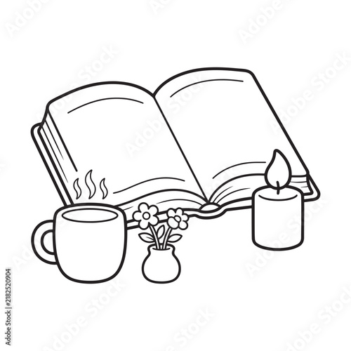 Cozy Open Book with Steaming Mug, Flower Vase and Lit Candle Coloring Page for Kids Vector Illustration
