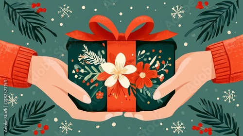 Hands give a gift box decorated with flowers and ribbon during the holiday season