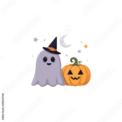 Cute ghost wearing a witch hat standing next to a jack o lantern isolated on a transparent background