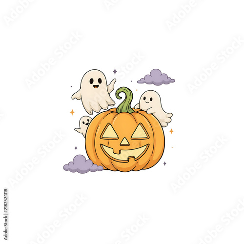 Cute ghosts playing with a carved jack o lantern pumpkin isolated on a transparent background