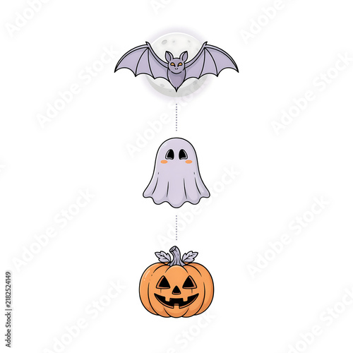 Cute halloween bat, ghost, and jack-o-lantern pumpkin icons isolated on a transparent background
