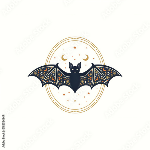 Dark bat with celestial patterns inside a golden oval frame isolated on a transparent background