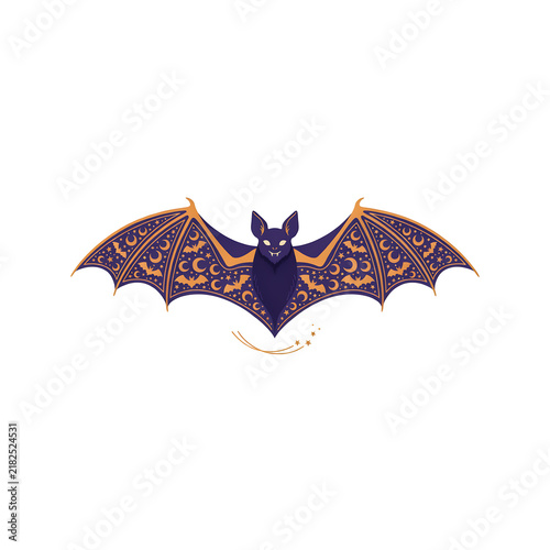 Decorative halloween bat with celestial patterns and moon symbols isolated on a transparent background