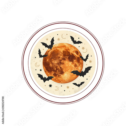 Full orange moon with black flying bats in a circular frame isolated on a transparent background
