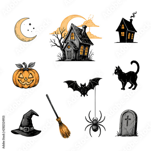 Halloween set with haunted house, pumpkin, cat, and witch hat isolated on a transparent background