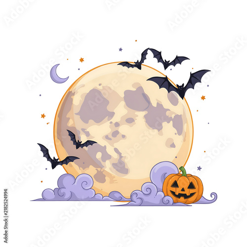 Halloween pumpkin with flying bats and a full moon in the night sky isolated on a transparent background