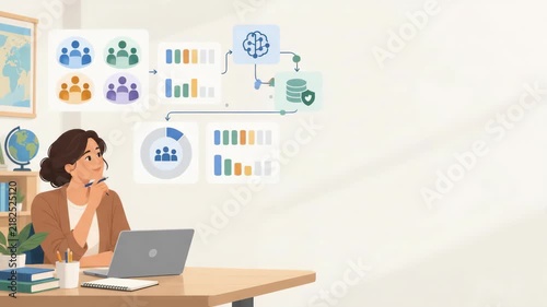 Woman working at laptop with data analytics charts and diagrams
