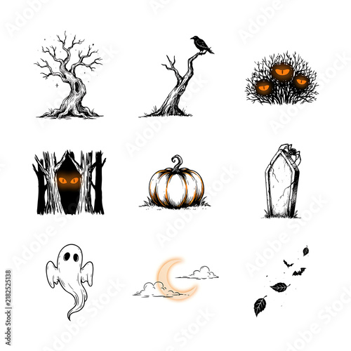 Hand drawn halloween icons featuring spooky trees, pumpkins and ghosts isolated on a transparent background