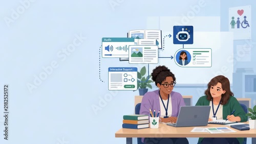 Two women collaborating on a laptop with AI educational content