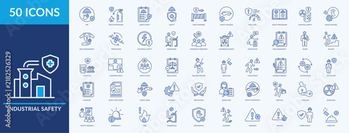 Industrial Safety icon set. Containing ppe, fire extinguisher, safety, risk level and more. Line Blue vector icons collection