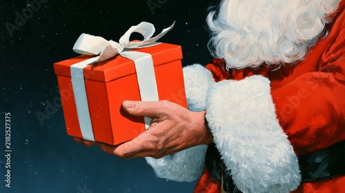 Santa Claus holds a red gift box with a white ribbon during the holiday season