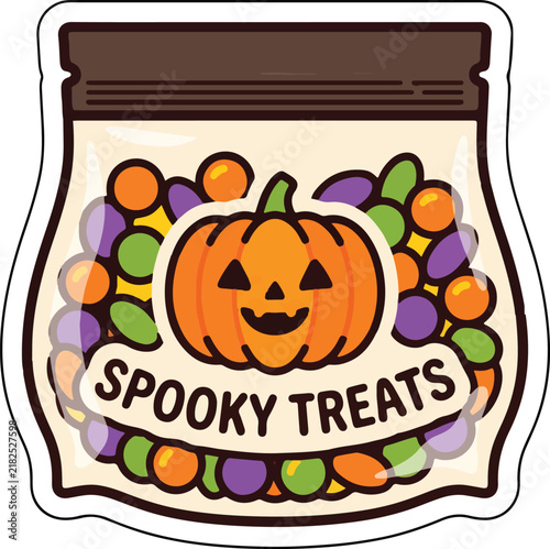 Halloween candy bag with jack o lantern and colorful sweets vector illustration