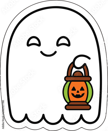 Cartoon ghost with jack o lantern bucket colorful vector illustration