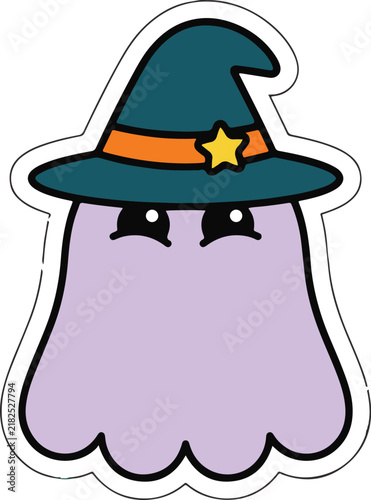 Cartoon ghost wearing a witch hat isolated on a white background