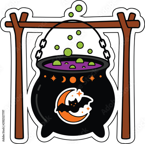 Halloween cauldron with bat and moon illustration on a white background