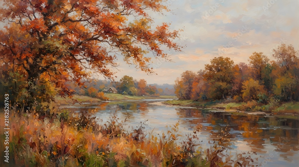 Obraz premium Tranquil autumn landscape with colorful trees reflected in a calm lake surface