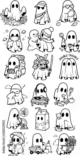 Cute spooky ghost vector line art icon set featuring samurai ghost, DJ ghost, coffee barista, astronaut, underwater ghost, hiker, sleeping ghost, scientist, and autumn activities