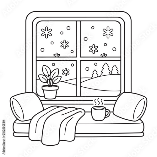 Cozy Winter Window with Falling Snowflakes and Snowy Landscape Coloring Page for Kids Vector Illustration
