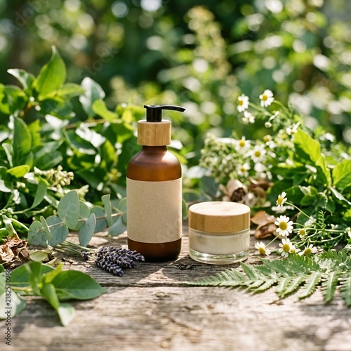 Natural organic cosmetic products in glass bottles with bamboo caps surrounded by fresh herbs and flowers outdoors
