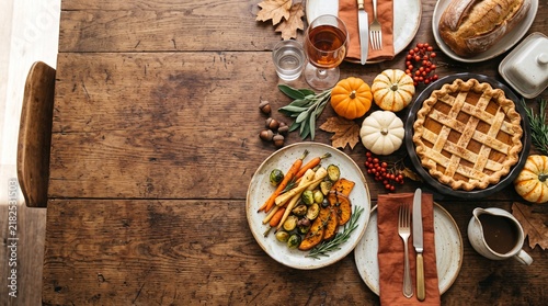 Thanksgiving dinner flat lay setting with roasted vegetables, autumn pumpkins, and leaves on rustic dark wood