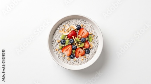 Healthy chia seed pudding bowl with fresh fruit and granola