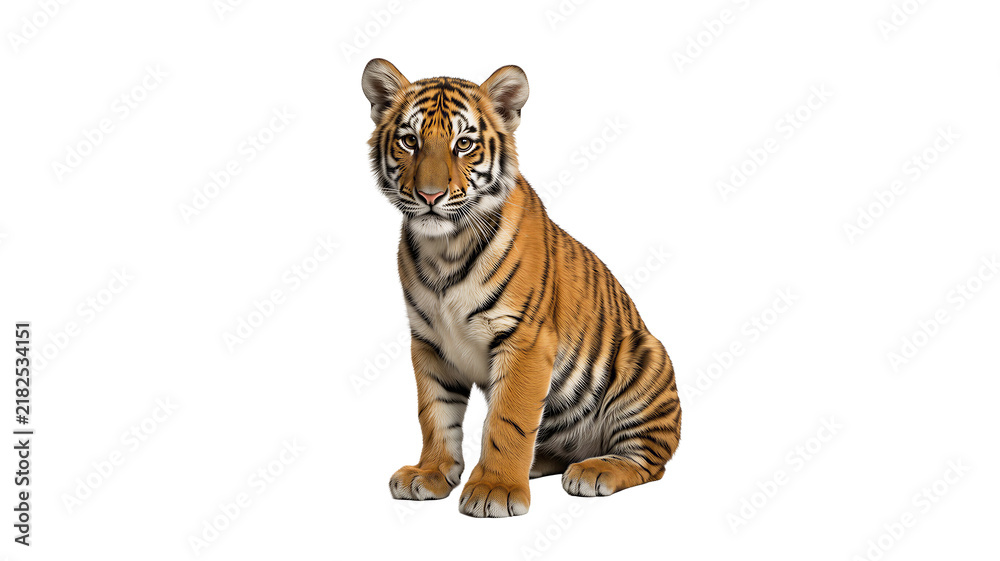Obraz premium Tiger sitting on white background with clear view of its stripes and features