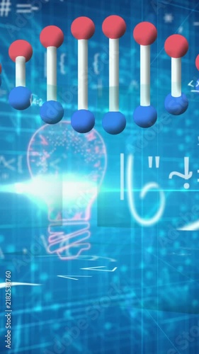 Animation of mathematical equations over dna strand and light bulb on black background