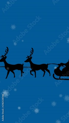 Animation of santa claus in sleigh with reindeer over snow falling