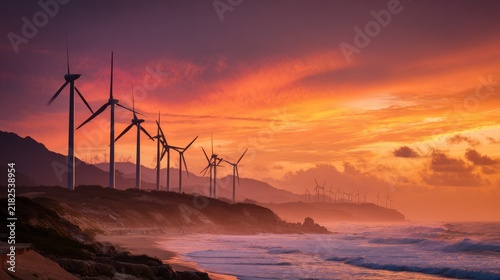 Coastal view features wind turbines silhouetted against a fiery sunset. The ocean meets the shore below rolling hills