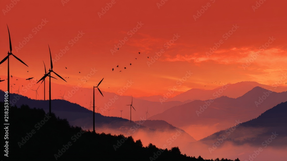 Obraz premium A vibrant sunset casts a warm glow over wind turbines on a mountain ridge, birds fly amidst the scene