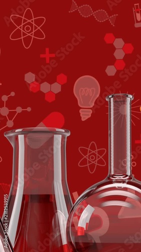 Animation of beakers, flasks, test tubes and book icons against science concept icons