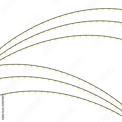 Glowing string lights vector, curved fairy light garlands on white background, decorative yellow bulb strands for festive celebration events