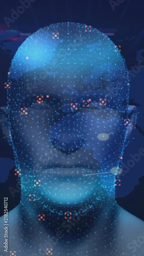 Animation of digital human model over scope scanning with world map on black background