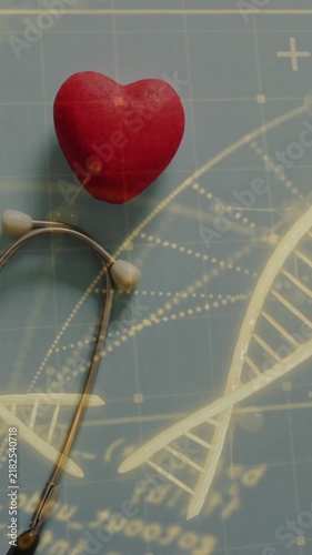 Animation of data processing and dna strands over heart and stethoscope