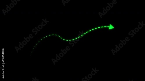 Glow green dotted curved arrow path moving on transparent background. 4k video